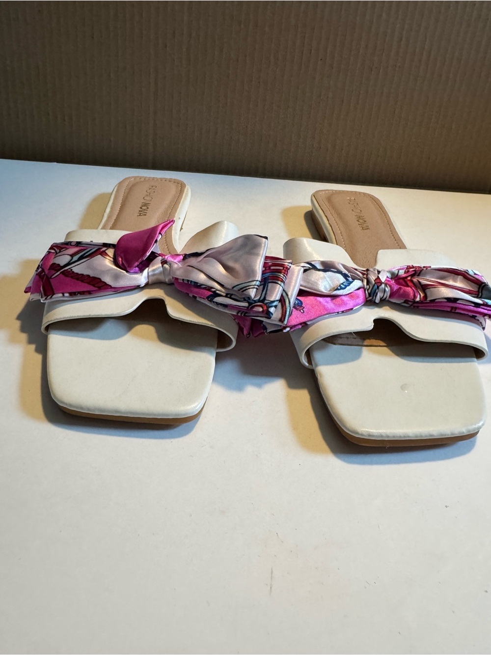 Fashion Nova White Slide Sandals with Pink Scarf Tie